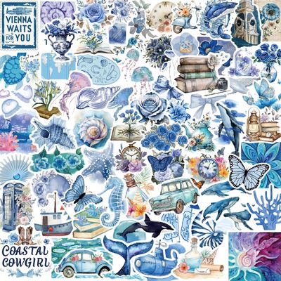 100PCS Blue Aesthetic Sticker Coastal Stickers Pack Water Bottle Stickers for Kids Laptop Vinyl Waterproof Sticker for Girls