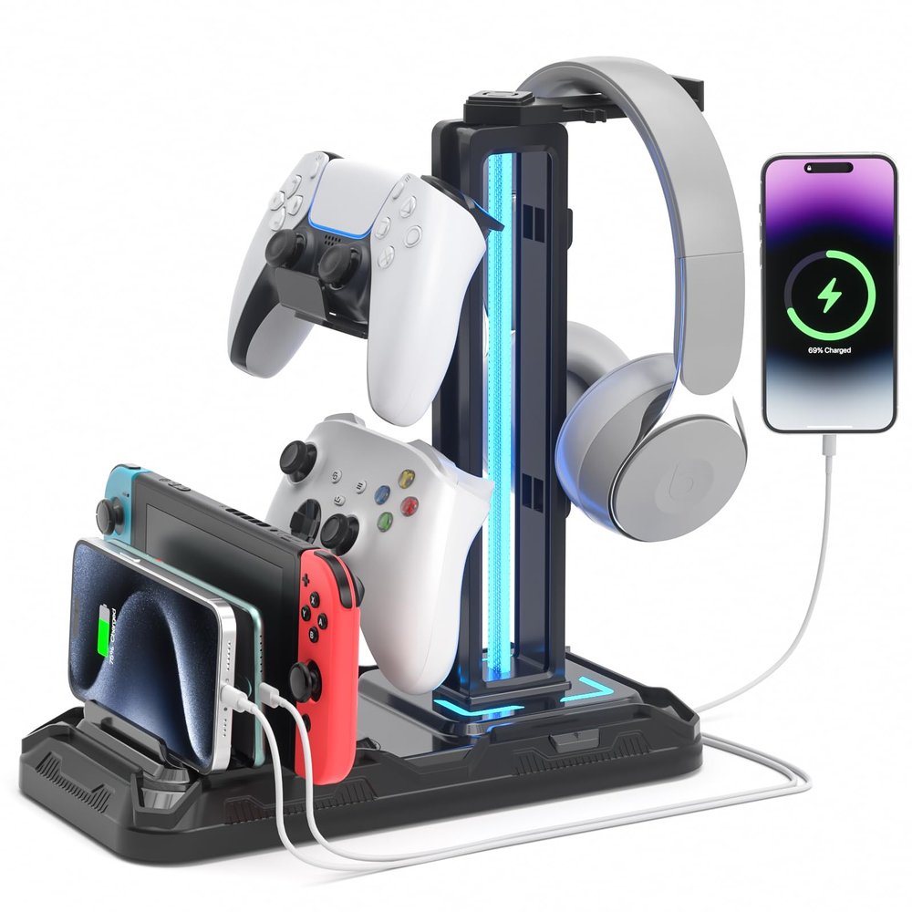 KDD Headset Stand with Charging Station - Detachable Controller Holder with 9 Light Modes - Rotatable Headphone Hanger with USB A&C Charger Ports - Earphone Hook for PC Gaming Accessories Storage