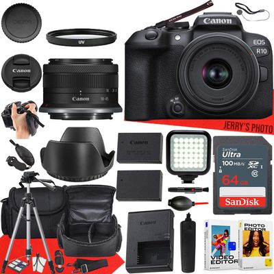 Canon EOS R10 Mirrorless Camera w/Canon RF-S 18-45mm f/4.5-6.3 is STM Lens + LED Video Light + Camera Case + Extra Battery + 64GB Memory + More (25pc Bundle) (Renewed)