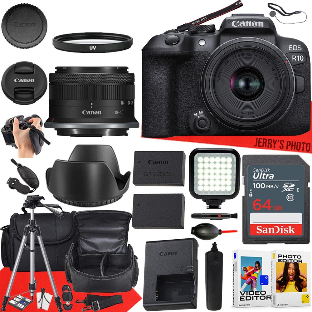 Canon EOS R10 Mirrorless Camera w/Canon RF-S 18-45mm f/4.5-6.3 is STM Lens + LED Video Light + Camera Case + Extra Battery + 64GB Memory + More (25pc Bundle) (Renewed)