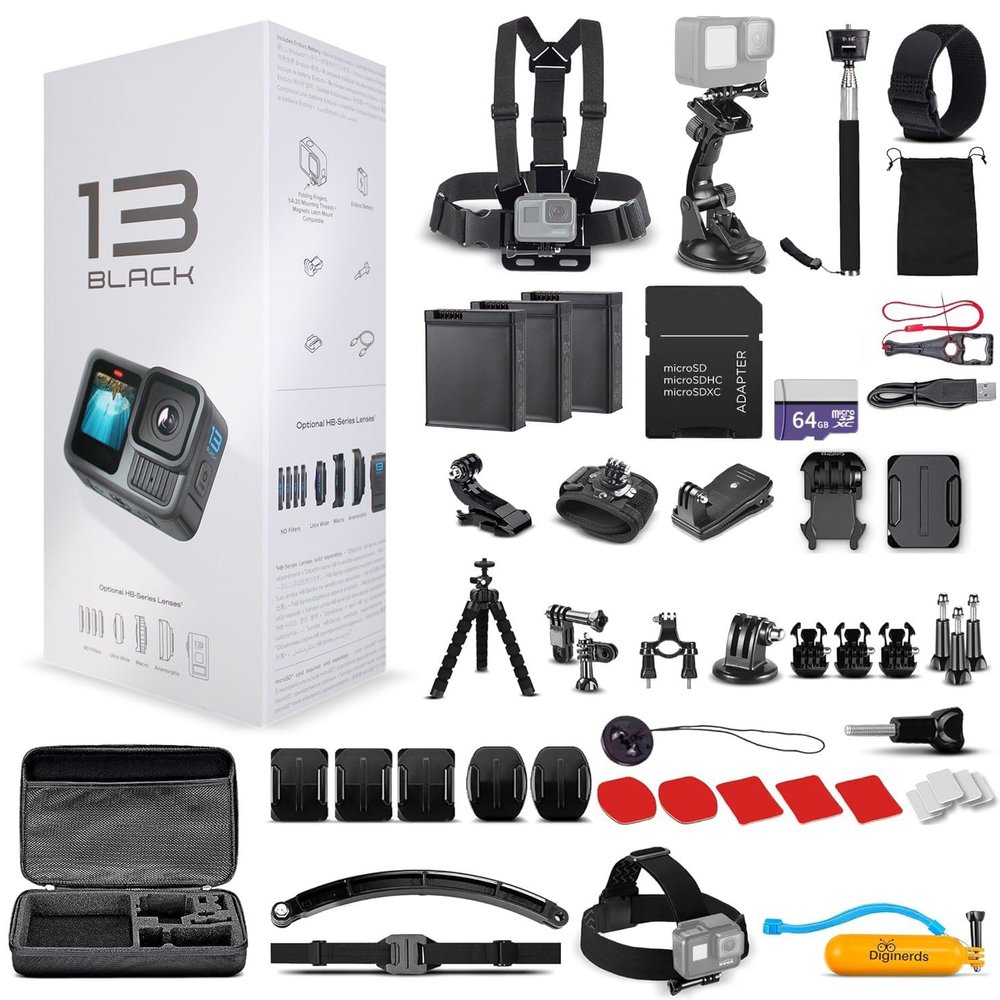 GoPro HERO13 (Hero 13) Black - with 50 Piece Accessory Kit and 2 Extra Batteries + 64GB Card - Waterproof Action Camera - 5.3K HDR, 27MP Photos, 1/1.9" Sensor, Live Streaming, Webcam, Stabilization