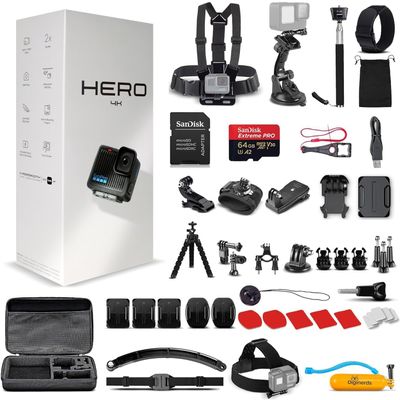 GoPro Hero (Go Pro Hero) Black Compact - Waterproof Action Camera with 4K Ultra HD Video, 12MP Photos, Stabilization + 50-in-1 Accessory Kit + 64GB Card + More
