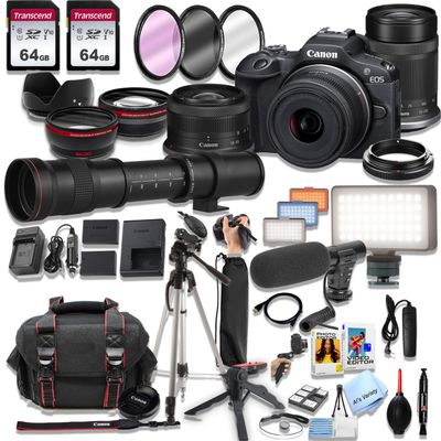 Canon EOS R100, 18-45mm and 55-210mm Lenses + 420-800mm Lens + 128GB Memory, LED Light, Microphone, Spare Battery, Filters, Case, Tripod, and More (45pc Mirrorless Camera Video Bundle) (Renewed)