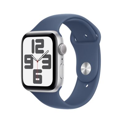 Apple Watch SE (2nd Gen) [GPS 44mm] Smartwatch with Silver Aluminum Case with Denim Sport Band M/L. Fitness and Sleep Trackers, Crash Detection, Heart Rate Monitor, Retina Display