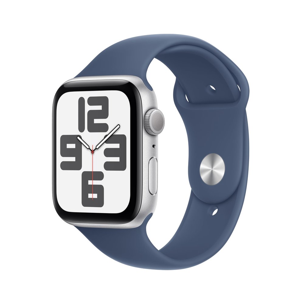 Apple Watch SE (2nd Gen) [GPS 44mm] Smartwatch with Silver Aluminum Case with Denim Sport Band M/L. Fitness and Sleep Trackers, Crash Detection, Heart Rate Monitor, Retina Display