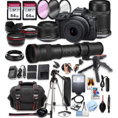Canon EOS R100, 18-45mm and 55-210mm Lenses + 420-800mm Super Telephoto Lens + 128GB Memory, Spare Battery, Filters,Case, Tripod, Flash, and More (43pc Mirrorless Camera Bundle), Black (Renewed)