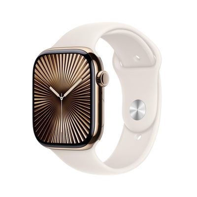 Apple Watch Series 10 [GPS + Cellular 46mm case] Smartwatch with Gold Titanium Case with Starlight Sport Band - M/L. Fitness Tracker, ECG App, Always-On Retina Display, Water Resistant