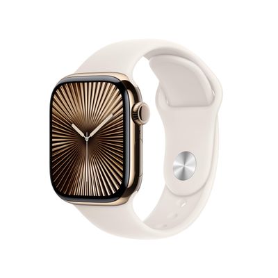 Apple Watch Series 10 [GPS + Cellular 42mm case] Smartwatch with Gold Titanium Case with Starlight Sport Band - S/M. Fitness Tracker, ECG App, Always-On Retina Display, Water Resistant
