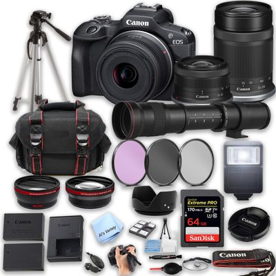 Canon EOS R100 Mirrorless Camera 18-45mm and 55-210mm Lenses + 420-800mm Super Telephoto Lens + 64GB Extreme Speed Memory, Filters, Case, Tripod, Flash, and More - Pro Photo Bundle (32pc) (Renewed)