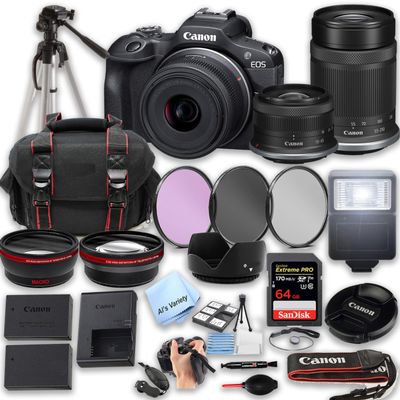 Canon EOS R100, 18-45mm and 55-210mm Lenses + 64GB Extreme Speed Memory, Filters + Macro + 2X Lens, Case, Tripod, Flash, and More - Pro Bundle (30pc), Black (Renewed)