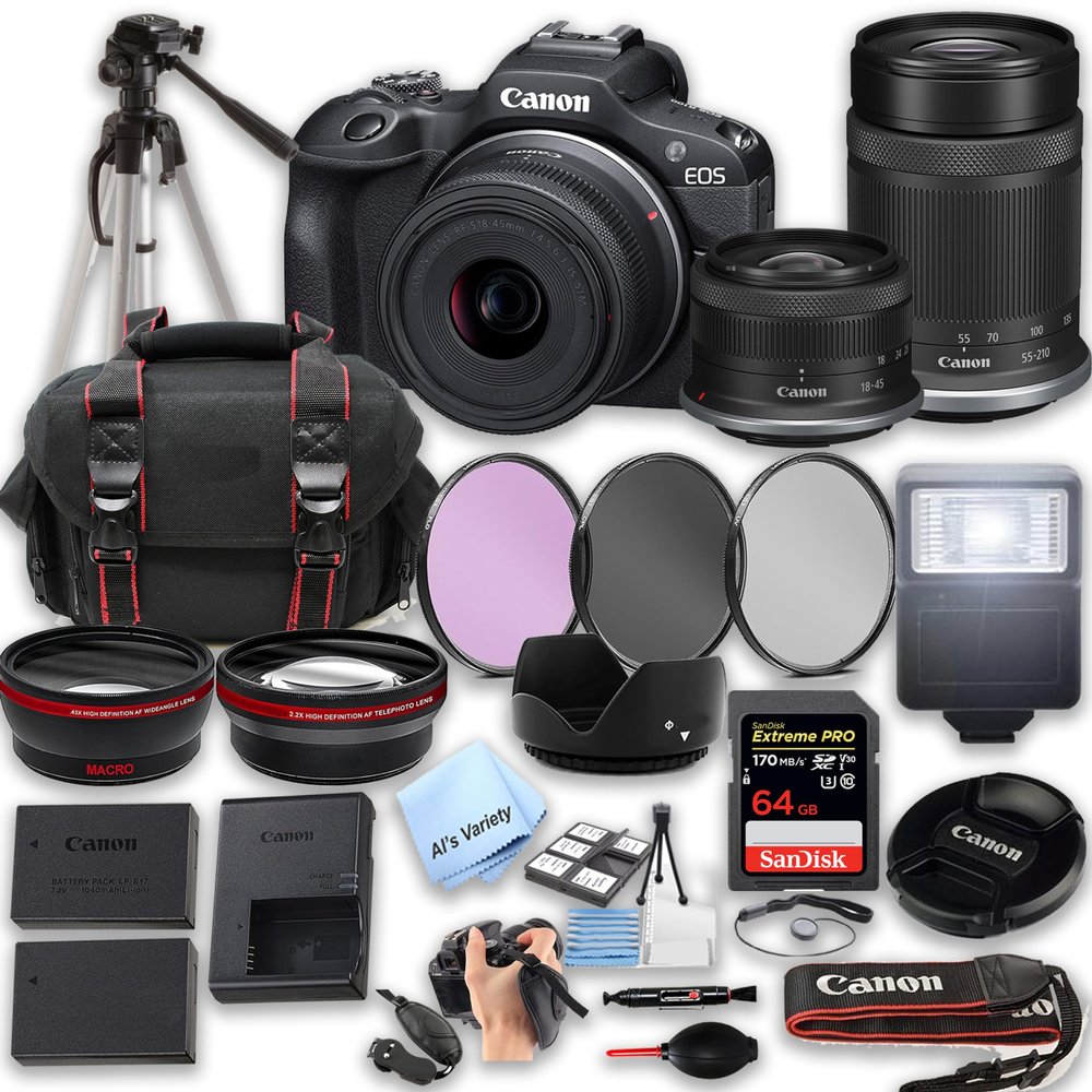 Canon EOS R100, 18-45mm and 55-210mm Lenses + 64GB Extreme Speed Memory, Filters + Macro + 2X Lens, Case, Tripod, Flash, and More - Pro Bundle (30pc), Black (Renewed)