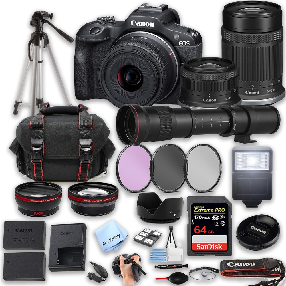 Canon EOS R100, 18-45mm and 55-210mm Lenses + 420-800mm Super Telephoto Lens + 64GB Extreme Speed Memory, Filters, Case, Tripod, Flash, and More - Pro Bundle (32pc), Black (Renewed)