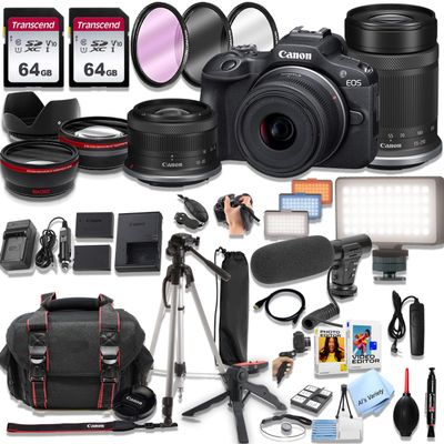 Canon EOS R100, 18-45mm and 55-210mm Lenses + 128GB Memory, LED Light, Microphone, Spare Battery, Filters,Case, Tripod, Flash, and More (43pc Mirrorless Camera Video Bundle), Black (Renewed)