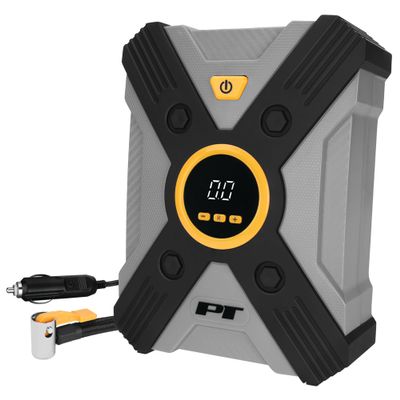 Performance Tool Vortex E00003 12V Digital Tire Inflator w/Auto Shut-Off, Lever-Locking Air Chuck, Long Power Cord, Three Nozzles, Gray