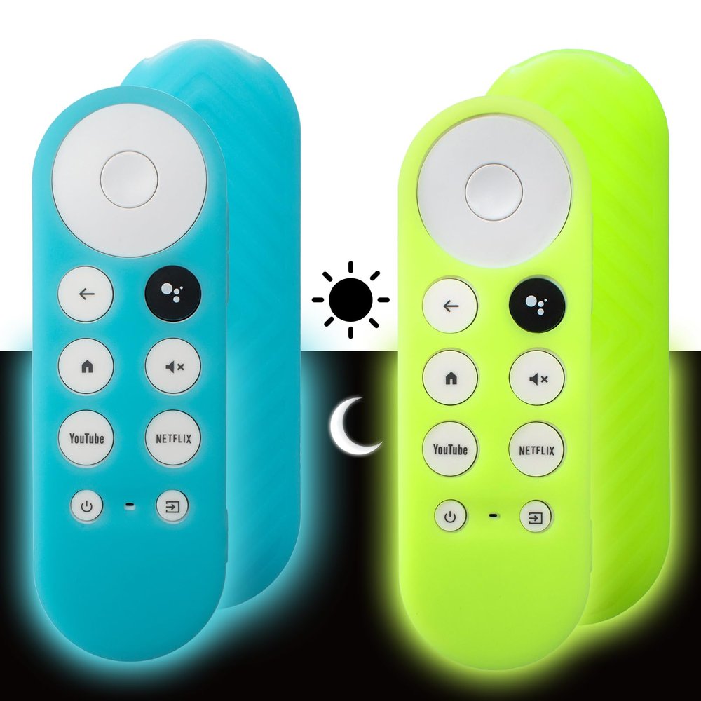 2 Pack Remote Cover Compatible with 2020 Chromecast with Google TV Voice Remote, Anti Slip Silicone Case Cover (Green Glow & Blue Glow)