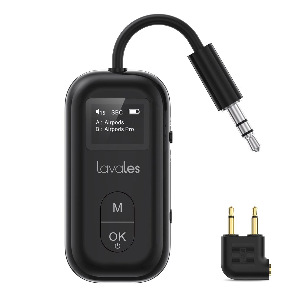 Lavales Bluetooth 5.3 Transmitter Receiver for Airplane to 2 Headphone  AptX Low Latency, 100ft Long Range, 35H Playtime, 2-in-1 Wireless Bluetooth Audio Adapter W/Screen for TV, Tablets, Speakers