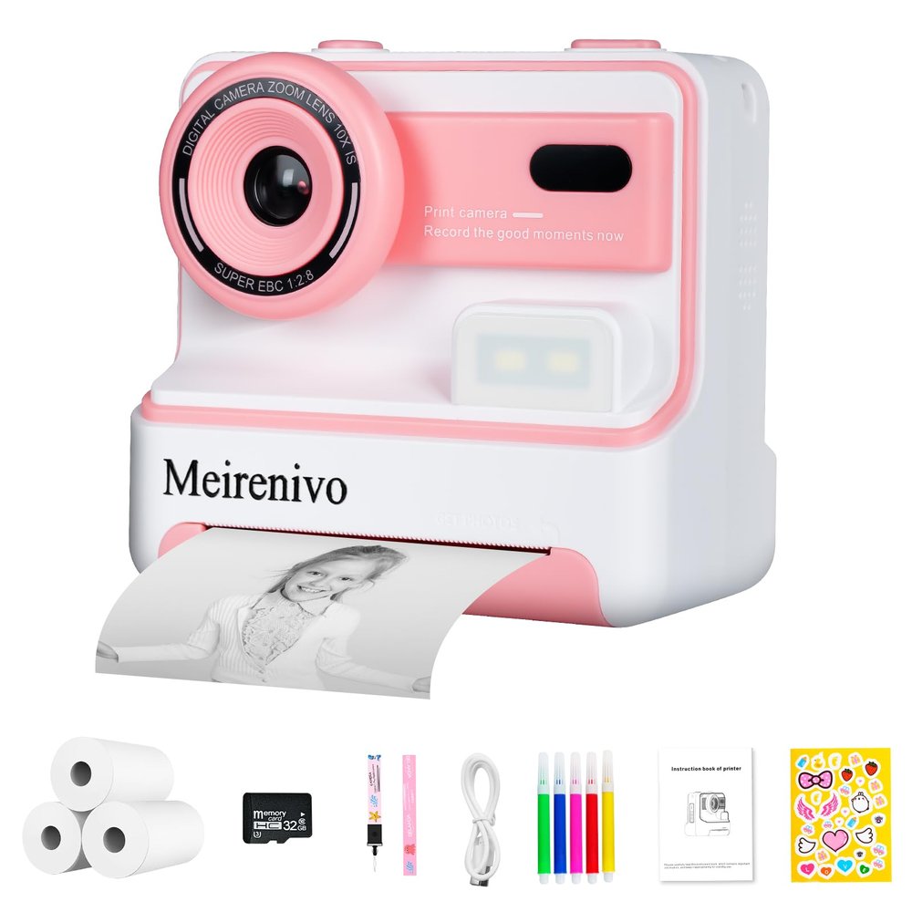 Instant Print Camera for Kids Toddler Camera Print for Girls Boys Age 3-12 2.4 Inch Screen 1080P Selfie Toddler Cameras for Children Birthday Gifts with 3 Rolls Print Paper & 32G Card(Pink)