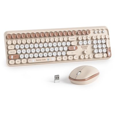iRoboosta Coffee Colorful Wireless Keyboard and Mouse Combo Set, 2.4GHz Cute Typewriter Keyboard with Round Keycaps, Full Size Keyboard with Number Pad, Home and Office Silent Keyboards (Coffee)