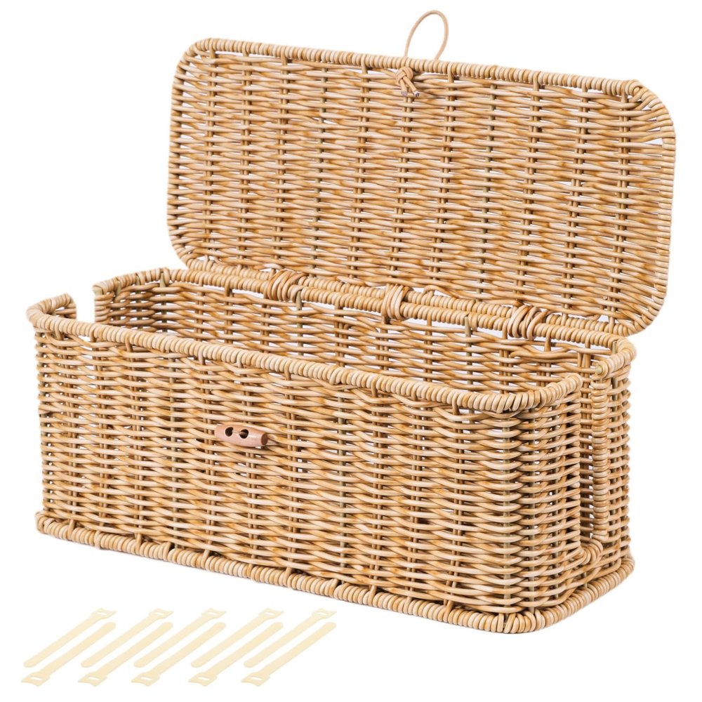 BROWNLILY Cable Management Box, Rattan Style Cord Organizer for Desk Cord Hider Outlet Covers Baby Proofing for Power Strip TV PC Router Charger Under Desk Storage - Natural Small