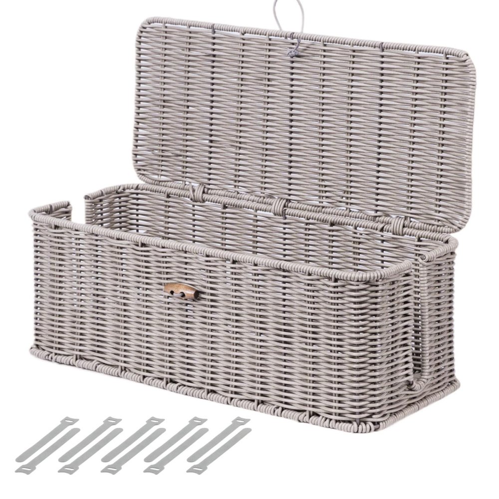 BROWNLILY Cable Management Box, Rattan Style Cord Organizer for Desk Cord Hider Outlet Covers Baby Proofing for Power Strip TV PC Router Charger Under Desk Storage with Lockable Lid and Cable Ties