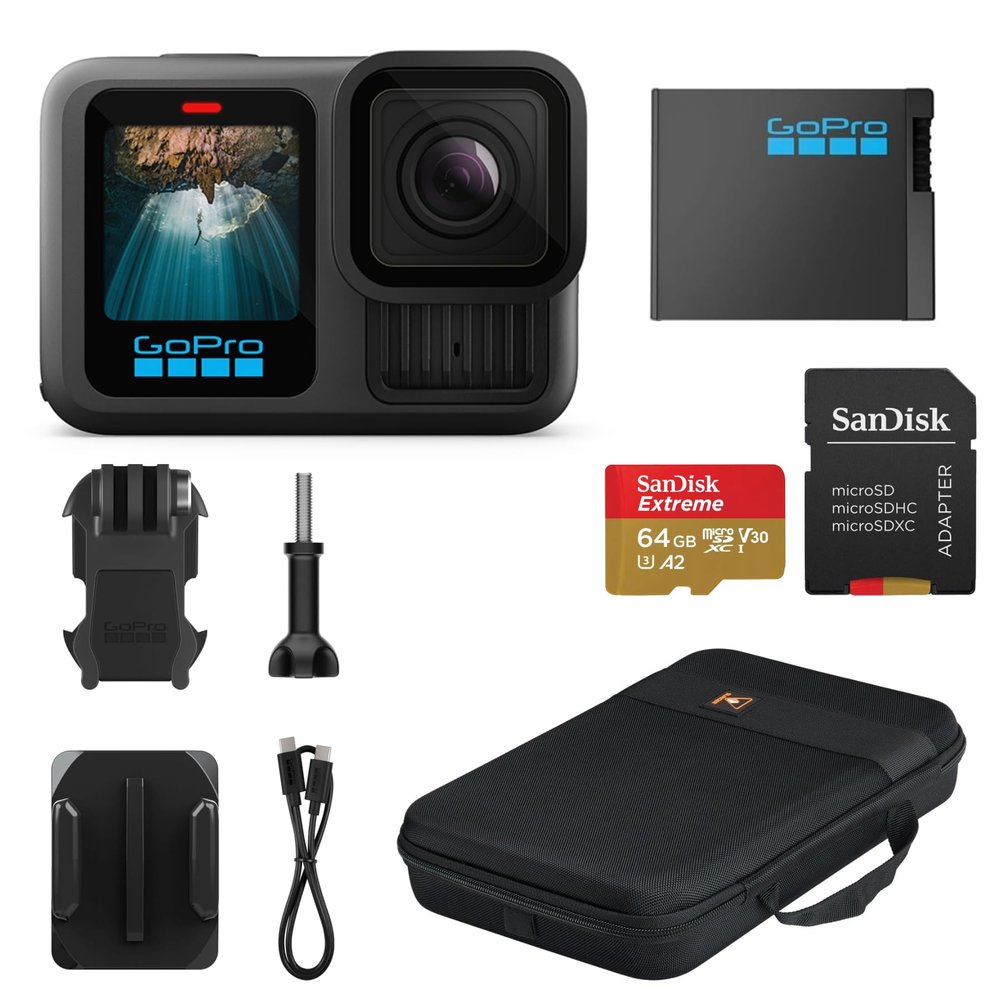 GoPro HERO13 Black - Waterproof Action Camera with 5.3K60 Video, 27MP Photo + Compatability with HB-Series Lenses + Sandisk 64GB SD Card + Slinger Case Cameras