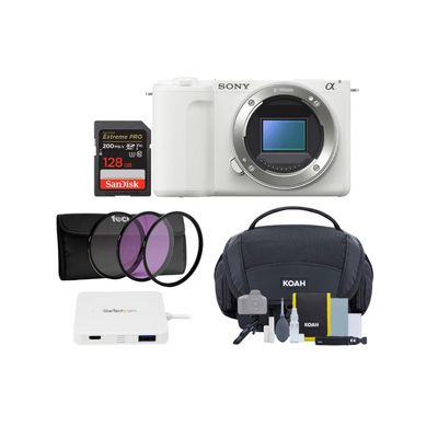 Sony Alpha ZV-E10 II Content Creators Camera with APS-C Mirrorless Lens and Lens Kit (White) Bundle with Gadget Bag, 128GB Memory Card, USB-C Hub (White) and Focus Camera Lens Filter Kit (5 Items)