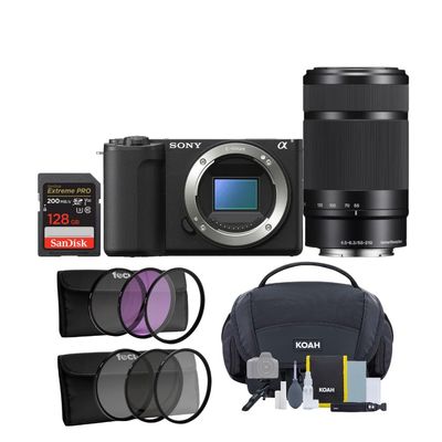Sony Alpha ZV-E10 II Content Creators Camera with APS-C Mirrorless Lens and Lens Kit (Black) Bundle with Sony Lens (Black), Gadget Bag, 128GB Memory Card and Focus Camera Filter Kit (6 Items)