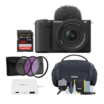 Sony Alpha ZV-E10 II Content Creators Camera with APS-C Mirrorless Lens and Lens Kit (Black) Bundle with Gadget Bag, 128GB Memory Card, USB-C Hub (White) and Focus Camera Lens Filter Kit (5 Items)