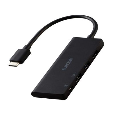 Elecom U3HC-H040PBK USB Hub, 4-in-1 USB-C Connection, 3 USB-A, 1 USB-C, Charging, Supports PD100W, High Speed Data Transfer, Black