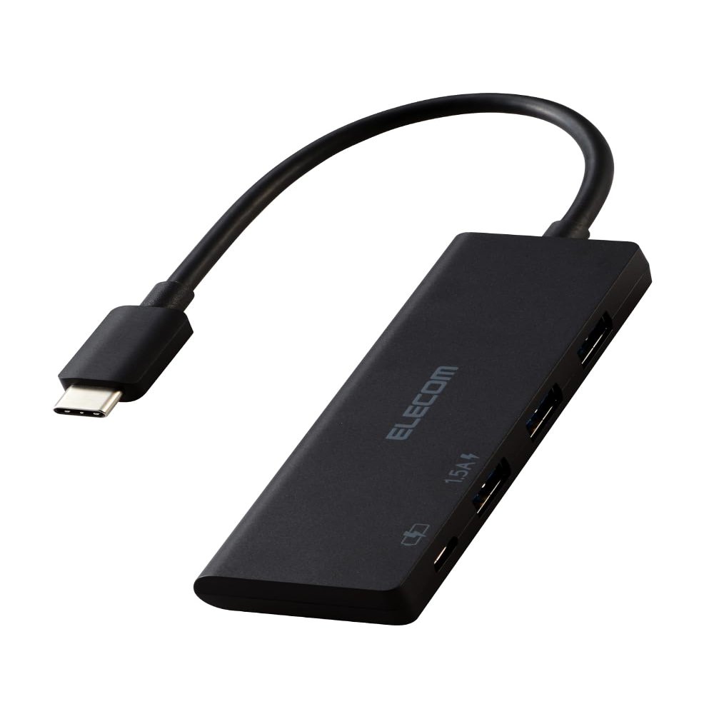 Elecom U3HC-H040PBK USB Hub, 4-in-1 USB-C Connection, 3 USB-A, 1 USB-C, Charging, Supports PD100W, High Speed Data Transfer, Black