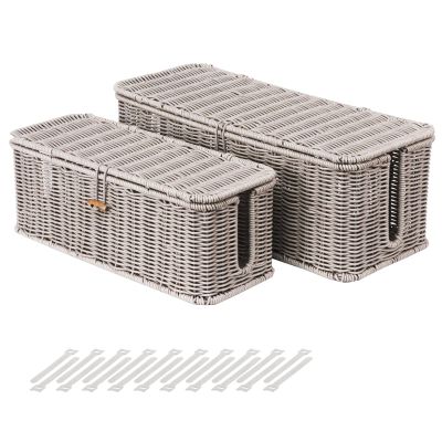 BROWNLILY Cable Management Box, Rattan Style Cord Organizer for Desk Cord Hider Outlet Covers Baby Proofing for Power Strip TV PC Router Charger Under Desk Storage with Lockable Lid and Cable Ties