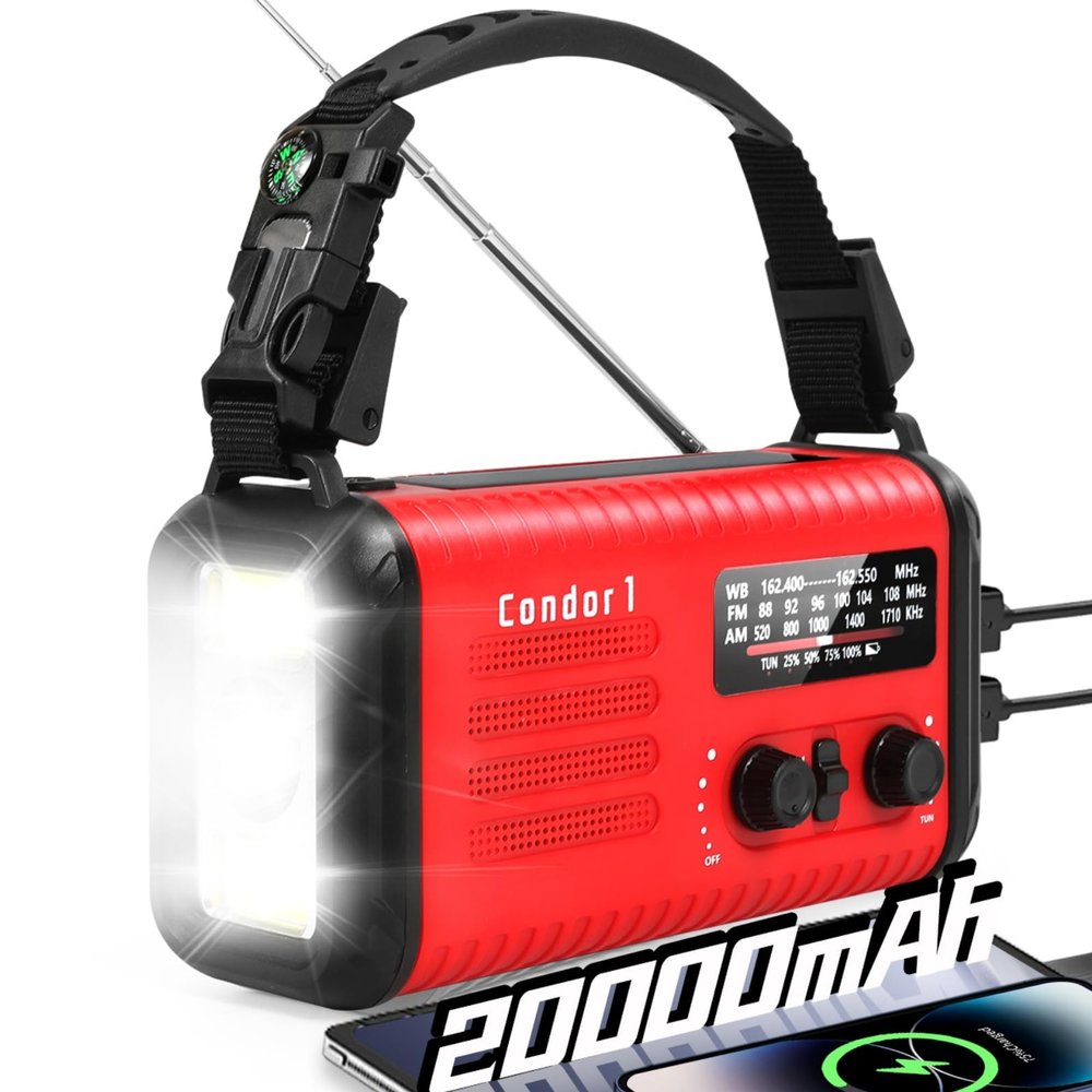 Emergency Crank Radio, 20000mAh / 74000mWh Solar Hand Crank Weather Radio with NOAA/AM/FM, Battery Powered Radio with Cell Phone Charger, Reading Lamp, Flashlight & SOS for Emergencies/Home