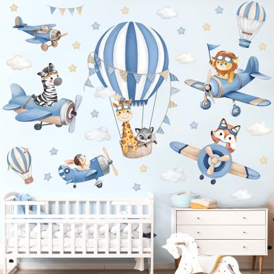 decalmile Blue Hot Air Balloon Animals Wall Decals Airplane Animals Giraffe Lion Fox Wall Stickers Baby Nursery Kids Bedroom Living Room Wall Decor