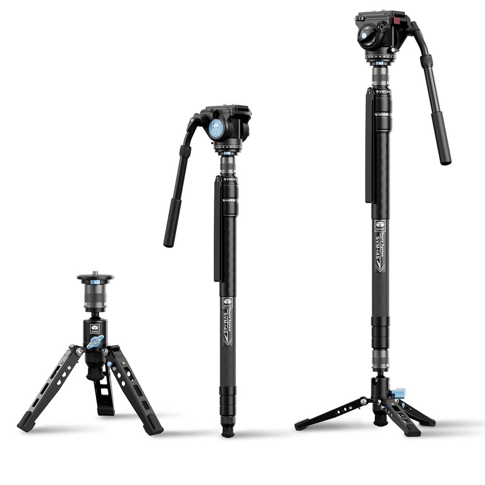 SIRUI SVM-145 Carbon Fiber Camera Monopod with Feet, 60.7" Professional Lightweight Travel Monopod with Fluid Video Head for DSLR Camera, One-Step Height Adjustment, Modular, Max Load 22lbs