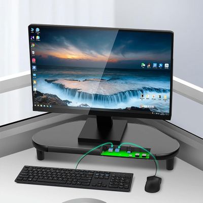 YAFODUTE Corner Monitor Stand Corner Desk Computer Monitor Riser with 4 USB Ports, Iron Organizer Screen Stand for Office Desktop, Black Triangle Laptop Printer Display Shelf