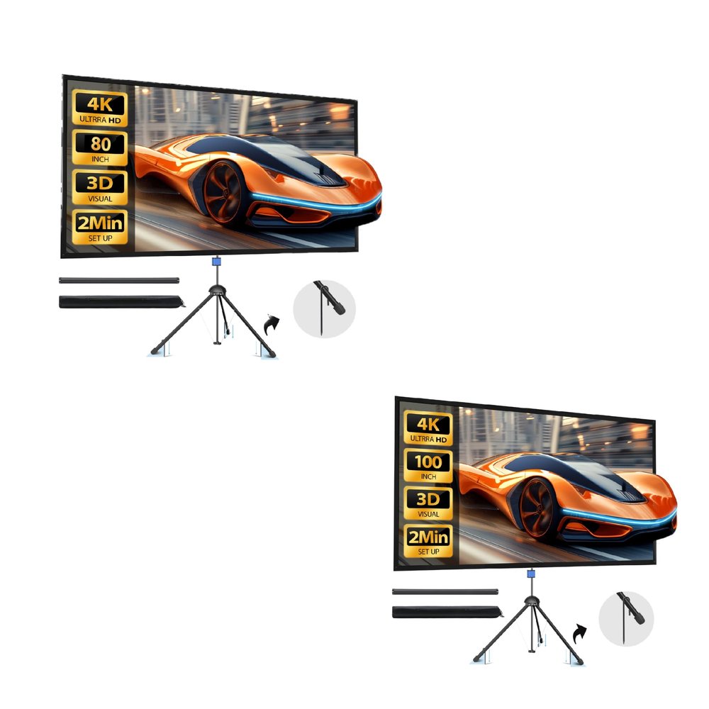 80IN +100IN Projector Screen with Stand 100 inch Indoor Outdoor Projector Screens 16:9, 4K HD PVC Projector Screen with 1.5 Gain,