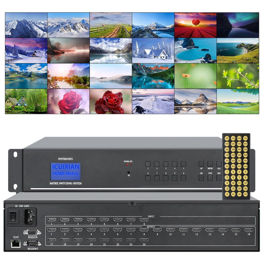 ICUIXIAN HDMI Matrix 8x24 4K@30Hz with Web GUI Rackmount HDMI Matrix Switch 8 in 24 Out Support, RS232 Controls, EDID, HDCP, LED Screen Display, Dolby Digital 8x24 HDMI Switcher & Splitter