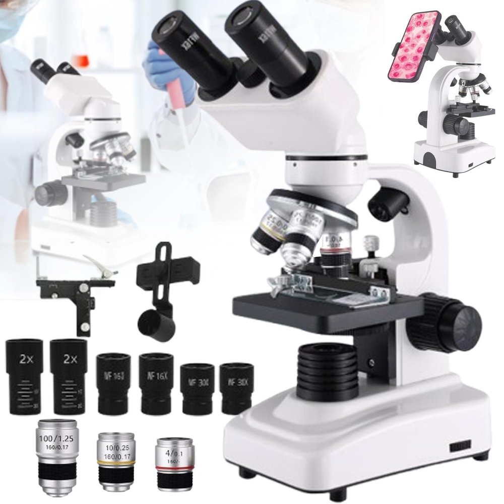 Binocular Microscope For Adults Kids Students, 40x-2400x Biological Compound Microscope,3 Objective Lens:4x/10x/100x, 4 Eyepiece: 2*16x 2*30x,Magnifier: 2*2x,Dual Led Illumination,White