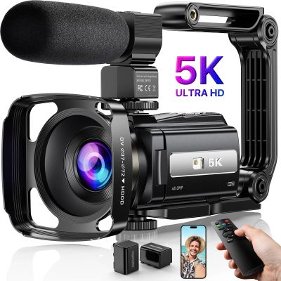5K Video Camera Camcorder UHD 48MP WiFi Vlogging Camera for YouTube IR Night Vision Anti-Shake 16X Digital Zoom 3 Touch Screen Camera with Microphone,Handheld Stabilizer,Lens Hood,Remote,Batteries