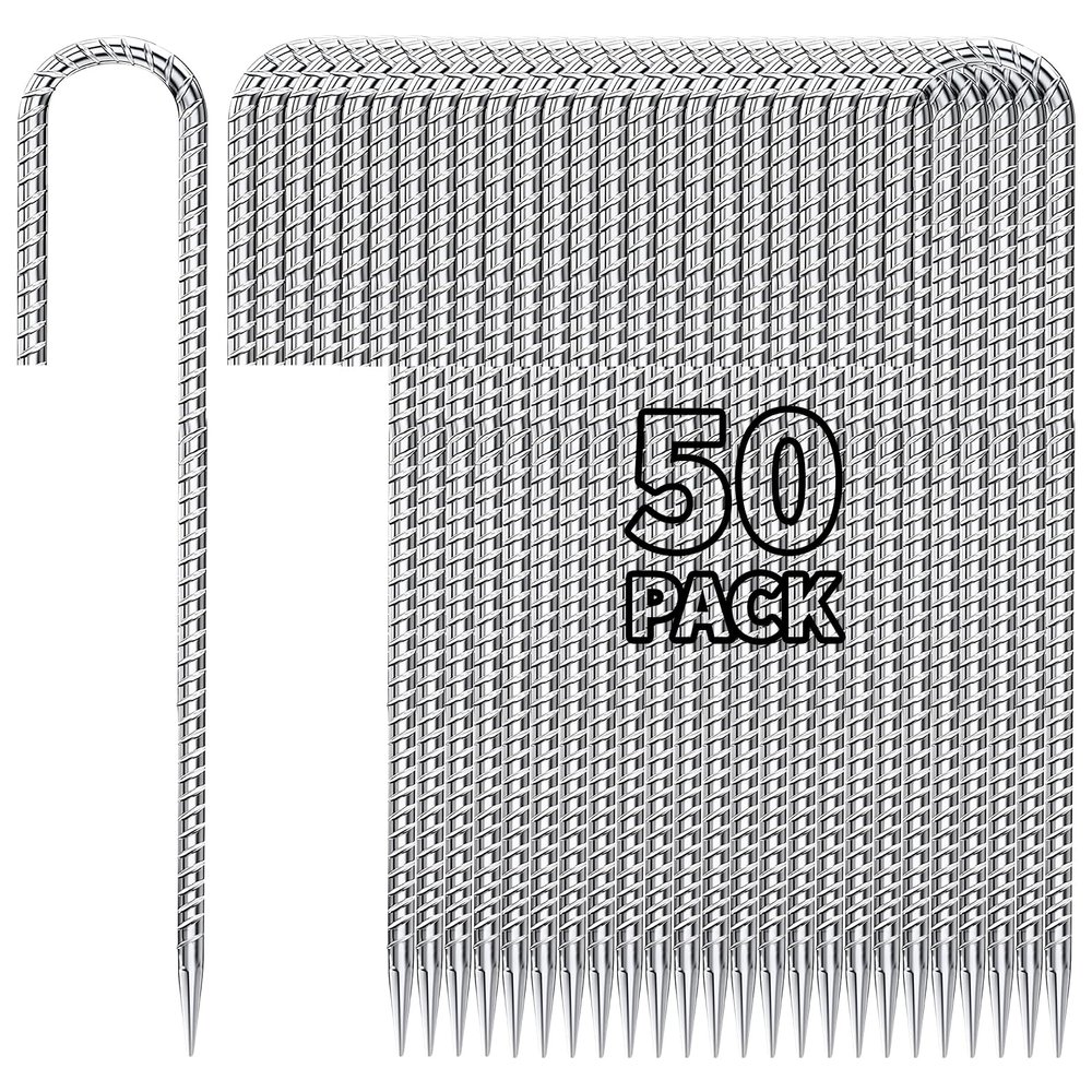 Besitu 12 inch Fence Stakes Heavy Duty 50-Pack J Hook Rebar Ground Stakes Anchor Galvanized Tent Stakes for Outdoor Decorations Inflatables Metal Stakes for Wire Fencing