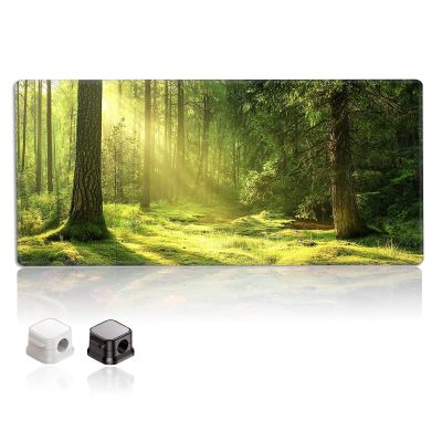Desk Mat with 2 Magnetic Cable Clips, XXL Mouse Pad with Stitched Edges, Non-Slip Rubber Base Mouse Pad for Gaming Office Home, 35.43 x 15.74 inch (Forest Sun)
