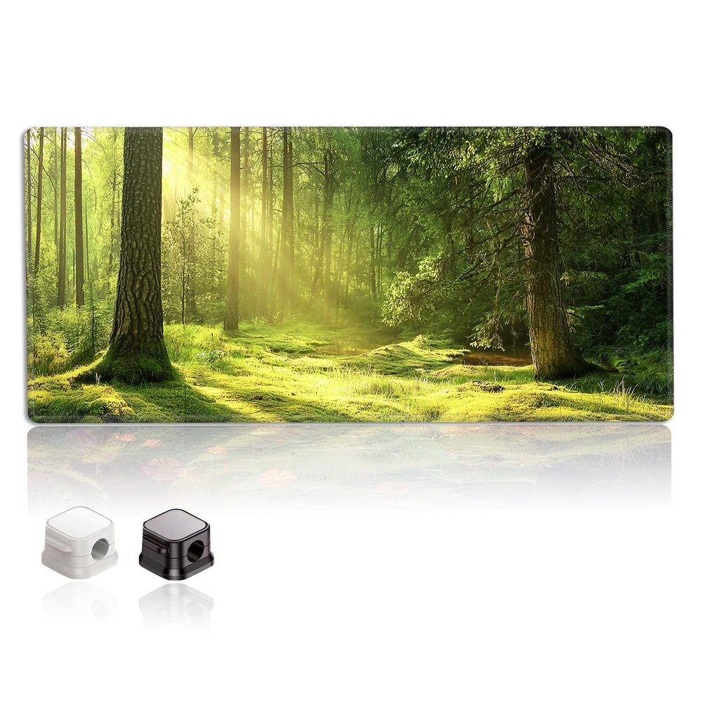Desk Mat with 2 Magnetic Cable Clips, XXL Mouse Pad with Stitched Edges, Non-Slip Rubber Base Mouse Pad for Gaming Office Home, 35.43 x 15.74 inch (Forest Sun)