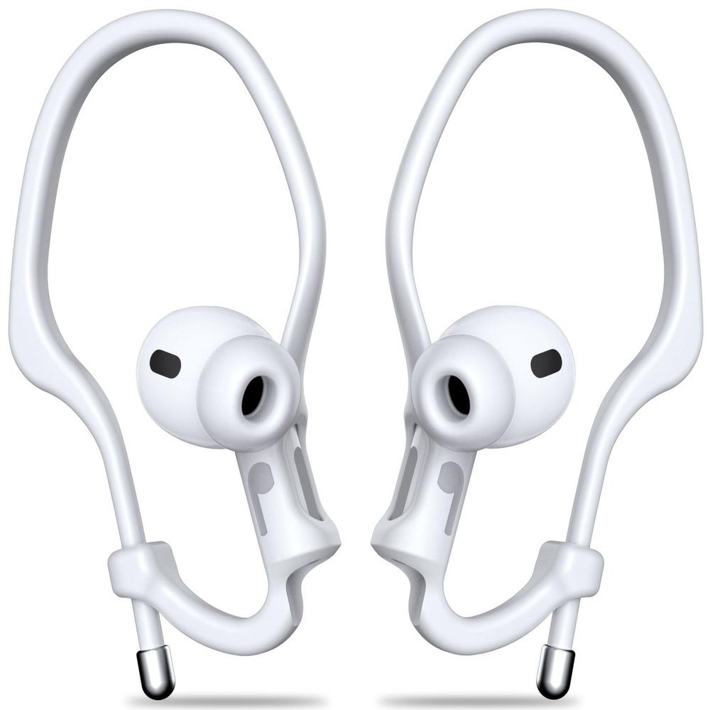 [2 Pairs] Haireca Ear Hooks for AirPods Pro 3 2 1 & AirPods 4 3 2 1, [Adjustable] Ergonomic Design Anti Slip, Comfortable Fit Silicone Clip for Running Sports [Added Velvet Storage Pouch]  White