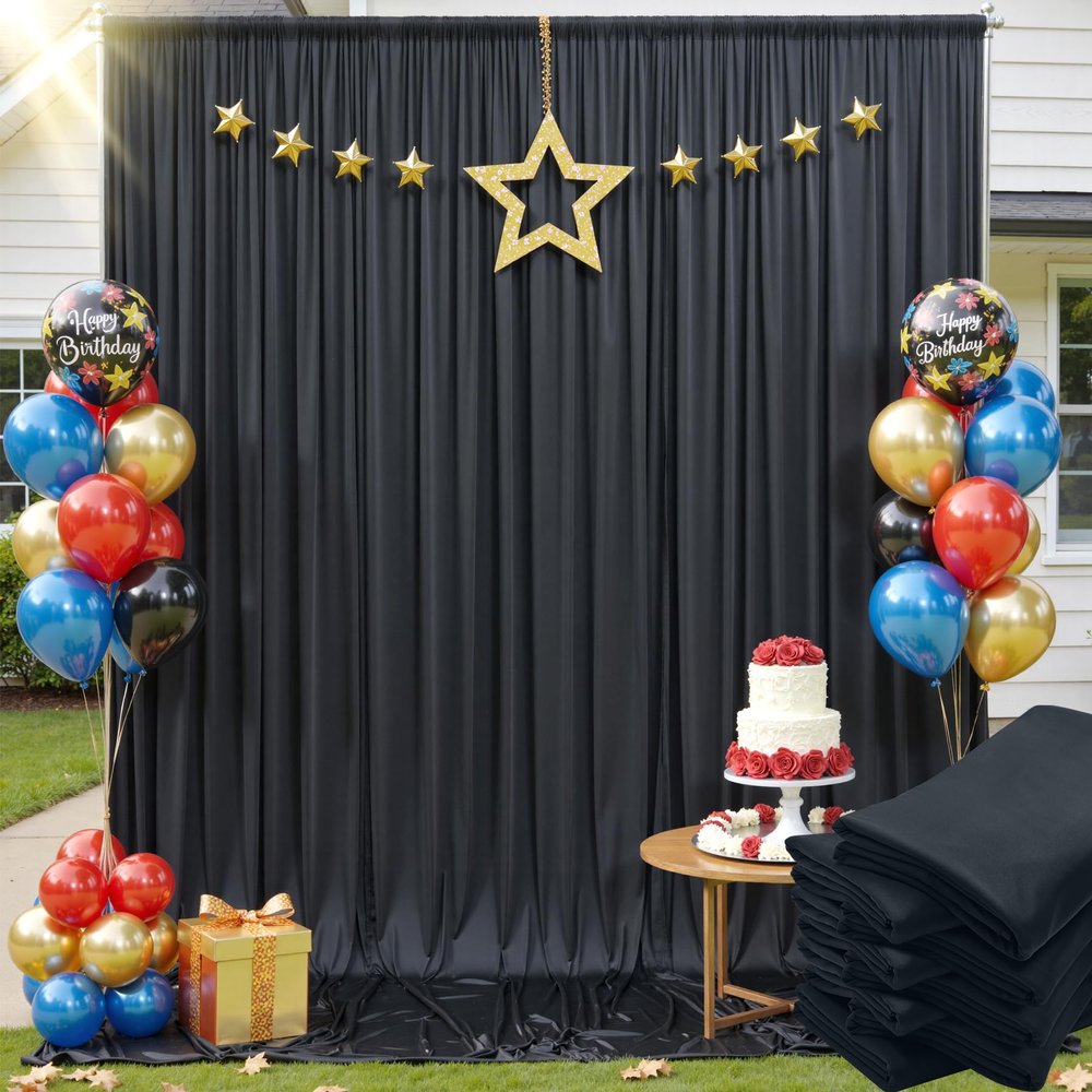 40x12 ft Black Backdrop Curtain, 8 Panels 5x12 ft Long Wrinkle Free Silky Polyester Fabric Wedding Backdrop Drapes Black Photo Back Drop Curtains for Parties Photography Background Cloth