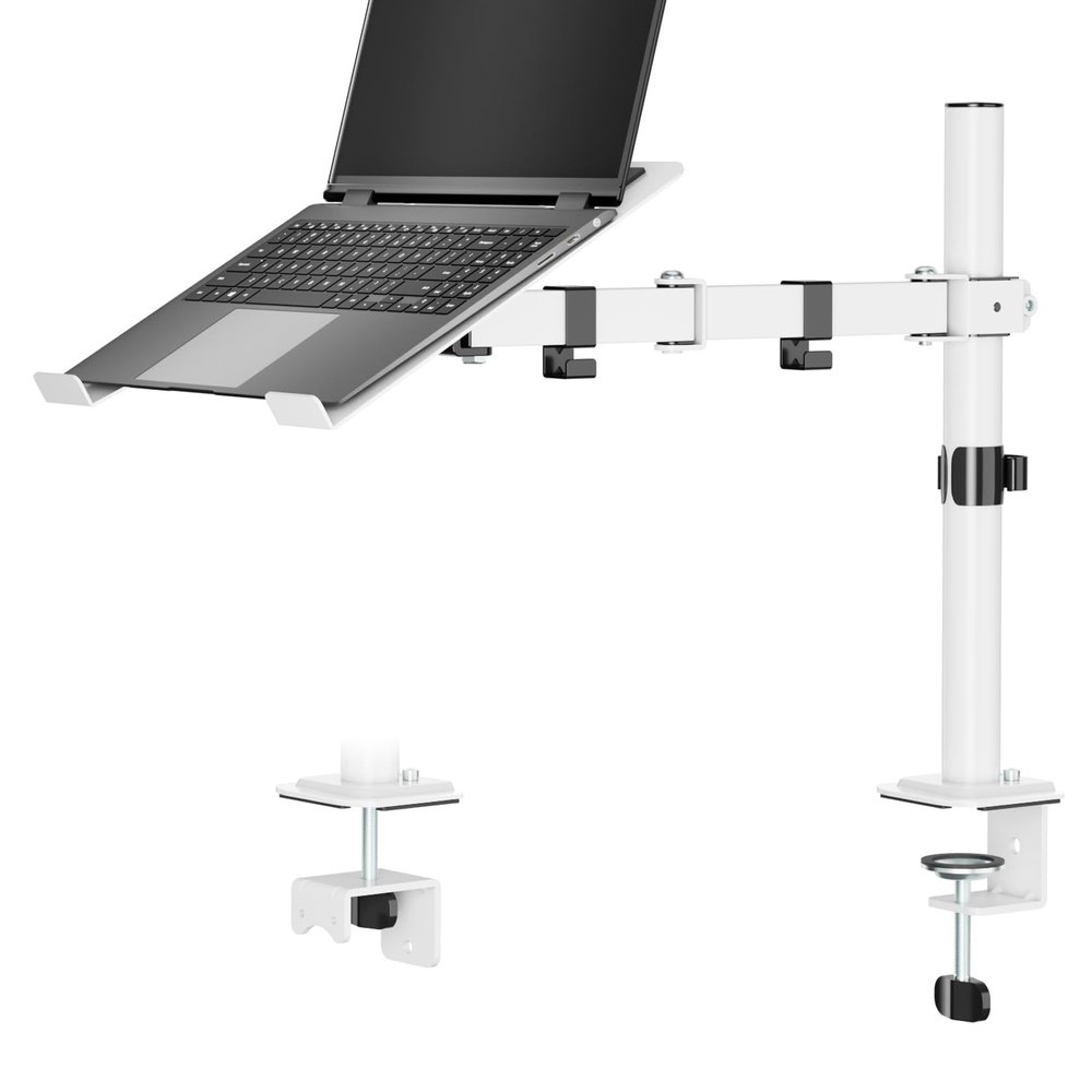 UPGRAVITY White Laptop Desk Mount with Vented Tray for Notebook up to 17 inch, Fully Adjustable Single Laptop Arm Stand Holds up to 17.6 lbs, Clamp on/Grommet Mounting