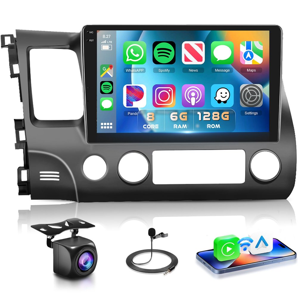 8Core 6G+128G Radio for Honda Civic 2006-2011 Android Car Stereo with 10.1inch IPS Touch Screen Wireless CarPlay Android Auto DSP FM/RDS WiFi GPS Bluetooth 5.0 AHD Backup Camera