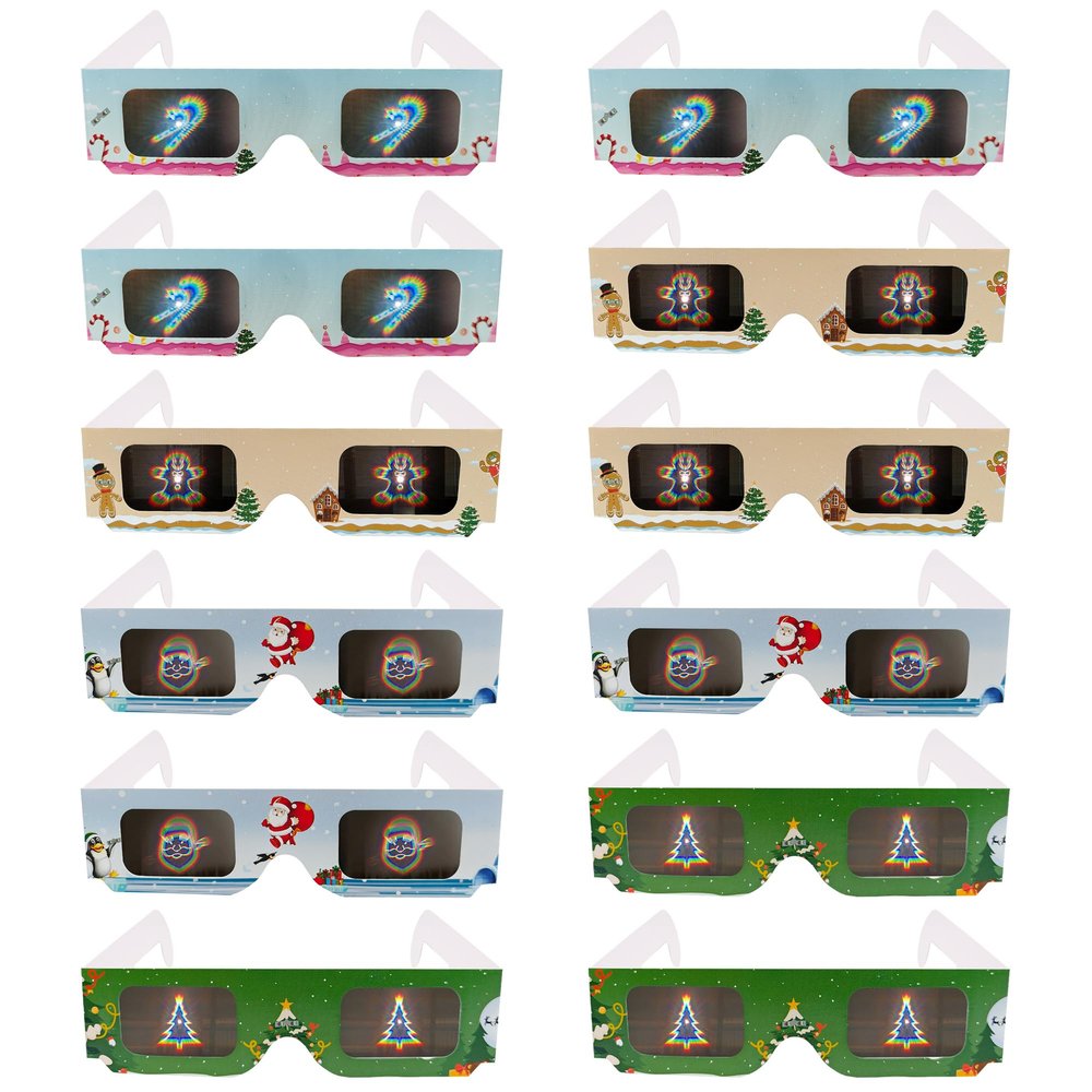YB-OSANA 12 Pairs 3D Diffraction Christmas Glasses - Holiday Images (Gingerbread Man/Christmas Tree/Candy Cane/Santa)