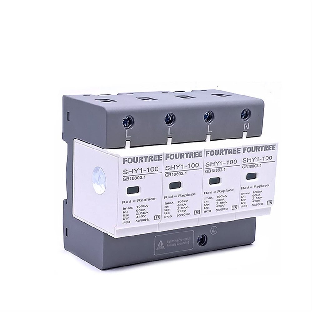 BHOLSA 1PCS Surge Protector AC 3P+N 40~80KA 60KA~100KA 385V 420V SPD House Lightning Protection Arrester Low-Voltage Protection 4P(4P 420V AC,40-80KA)