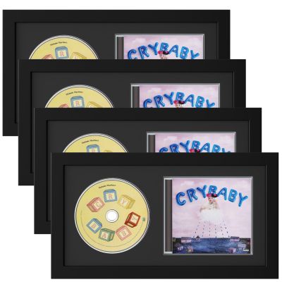 Allenkwok Solid Wood CD Display Frame for CD Cases and Discs with EVA Foam Lining and Black Flocked Fabric, Wall Mountable, Acrylic Cover, Elegant Home Decor, (4-pack 7.7x14.4 Black)