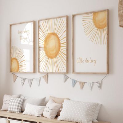 3 Pieces Sun Here Comes The Sun Little Darling Posters Prints Canvas Painting Modular Pictures Framed Artwork for Girl Nursery Baby Room Bedroom Decor No Frame